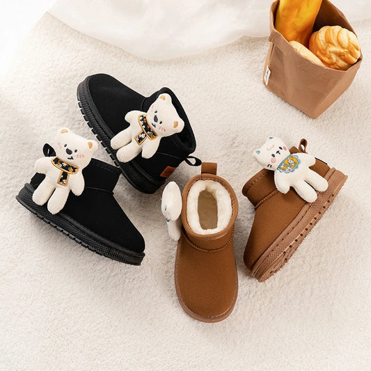 Kinder-Schneestiefel mit niedlichen Bären, Kinder-Stiefeletten, vielseitige Mode, 2025, Winter, neue warme Stiefel für Jungen und Mädchen, dickes Fell, rutschfest