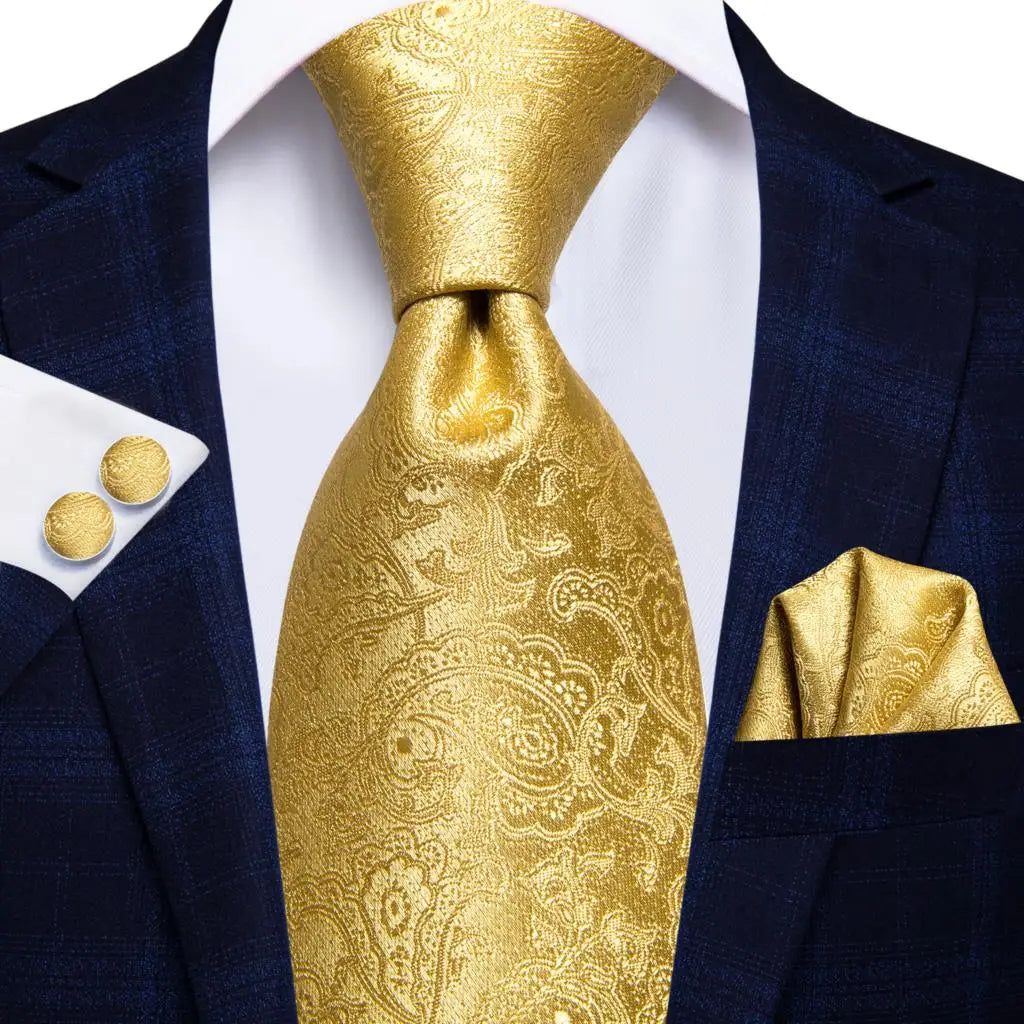 Hi-Tie Seiden-Herren-Krawatten-Set Blumenmuster Gelb Gold Krawatten und Taschentücher Manschettenknöpfe-Set Herren-Hochzeits-Party-Anzug-Mode-Halskrawatte C-3053