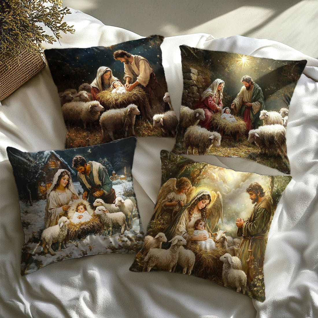 4/1PCS Christmas Throw Pillow Cover with Jesus Birth Design,45x45cm Soft Comfortable,forLiving Room SofasBedroom Christmas Decor