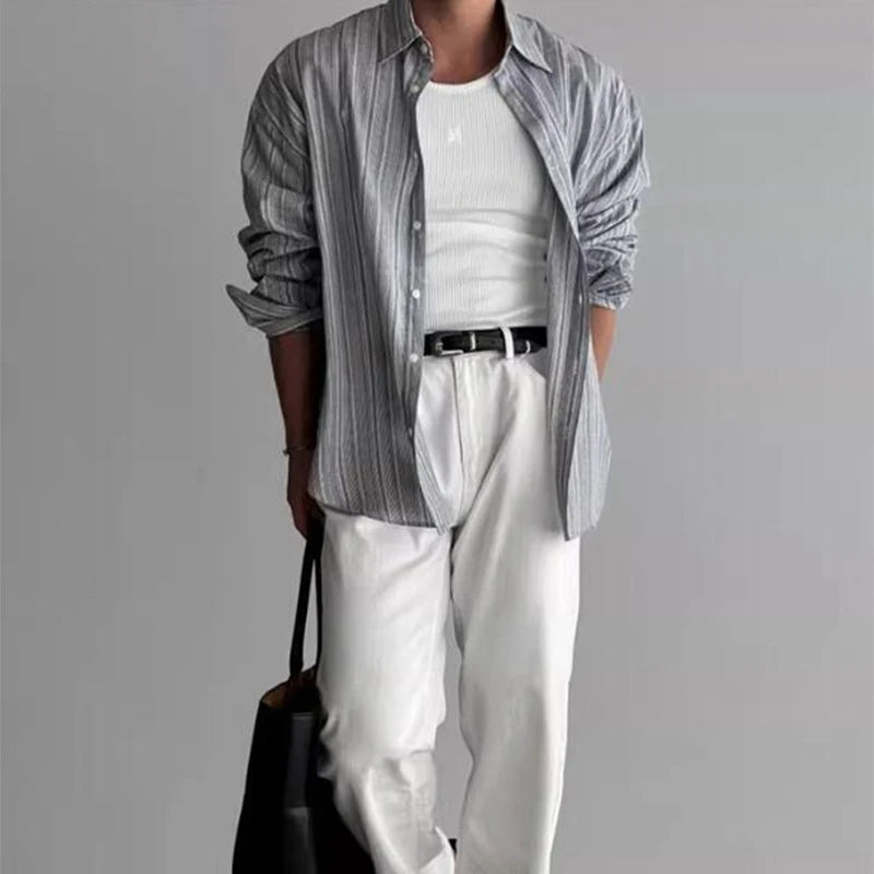 Cămașă cu dungi CN Guangdong, mânecă lungă, guler răsturnat - material de dimensiuni mari