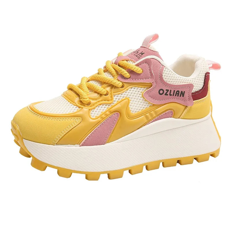 Women‘s Trendy Color-blocked Brand Design Thick-soled Sneakers 2024 Spring and autumn New  Lace-up Mesh Breathable Tennis Shoes