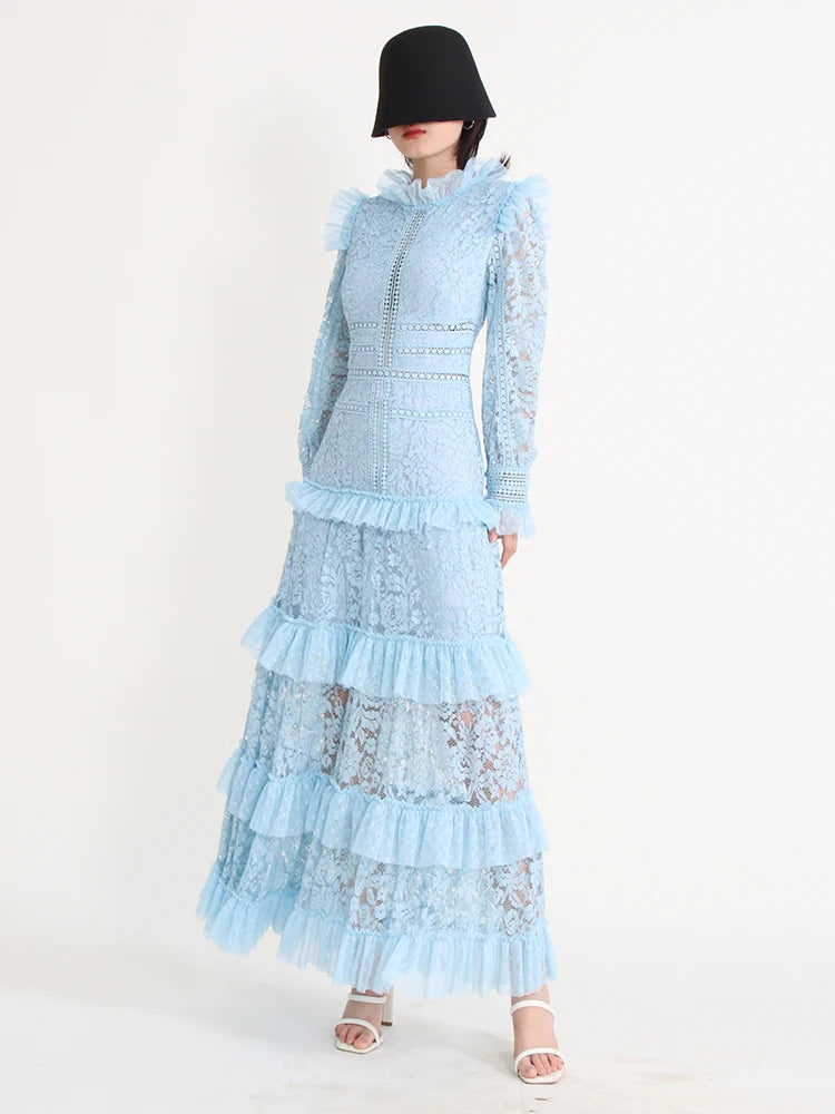 TWOTWINSTYLE Elegant Dresses For Women Stand Collar Long Sleeve High Waist Embroidery Slim Dress Female Fashion Clothing 2023