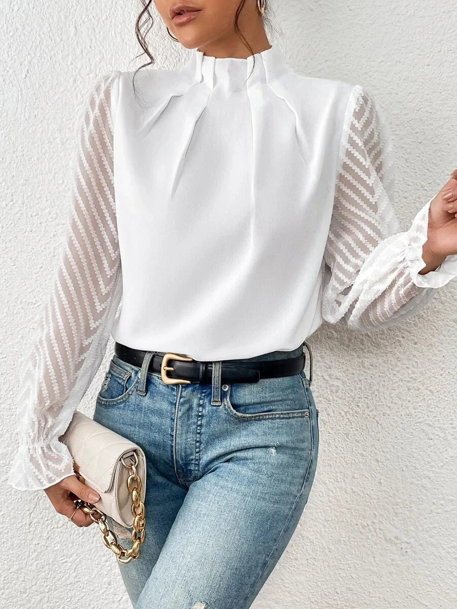 Elegant Ladies Office Shirt Tops Fashion Pleated Lace Long Sleeve T-Shirts Chiffon Shirts Casual Slim Mock Neck Blouse For Women