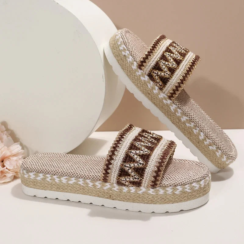Gewebte Damen Pantoletten Platform - Sommer Schuhe für Damen 2025 Neu - Strand Casual Absatz Sandalen Bohemian Handgemacht Espadrilles