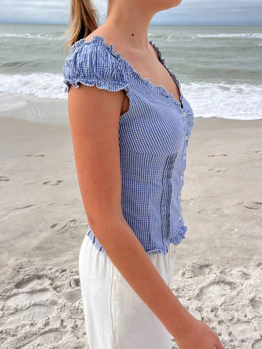 Blue Plaid Ruffles T-shirt Women Summer Folds V-neck Single Breasted Short Sleeve Tee Shirts Sweet Girls Cotton Slim Crop Top