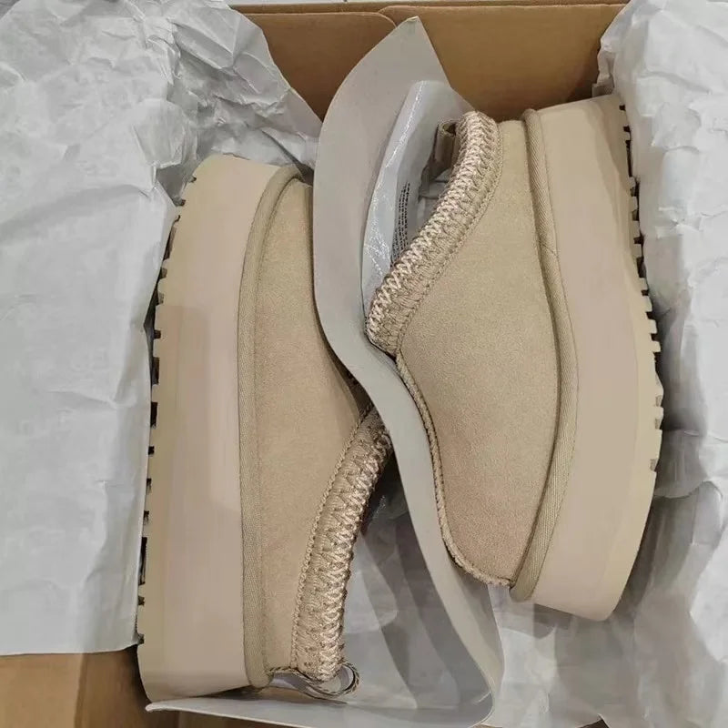 Papuci de blană HKSHC cu talpă groasă - mărimea EU36-41, căptușeală scurtă de pluș, toc 3-5 cm