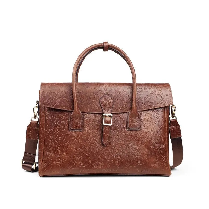 Vintage flower carved leather bag  single shoulder briefcase & business satchel