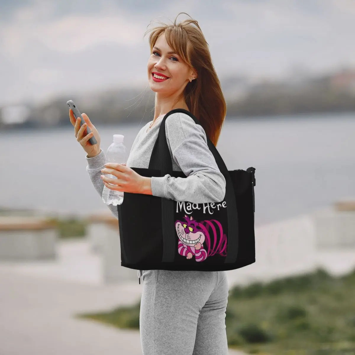 Custom Cheshire Cat Beach Tote Bag for Women We're All Mad Here Cat Big Compartment Gym Beach Travel Bags