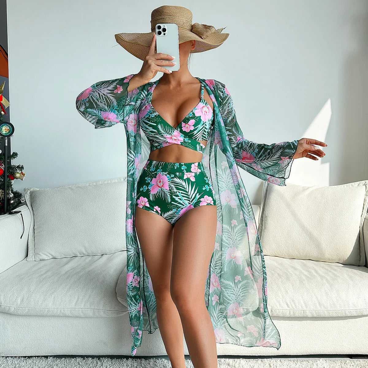 Sommer Print Schwimmanzüge: ASKATE Verbesserte Unterstützung Wire-Free Support Nylon Spandex - Dreiteilig High Waist Strand Wear Floraler Print