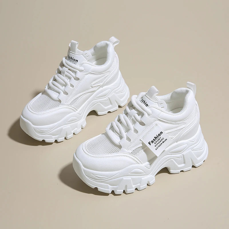 Whiet Breathable Chunky Sneakers Woman 2025 Spring Thick Platform Casual Sneakers Women Non Slip Lace Up Sports Shoes Female