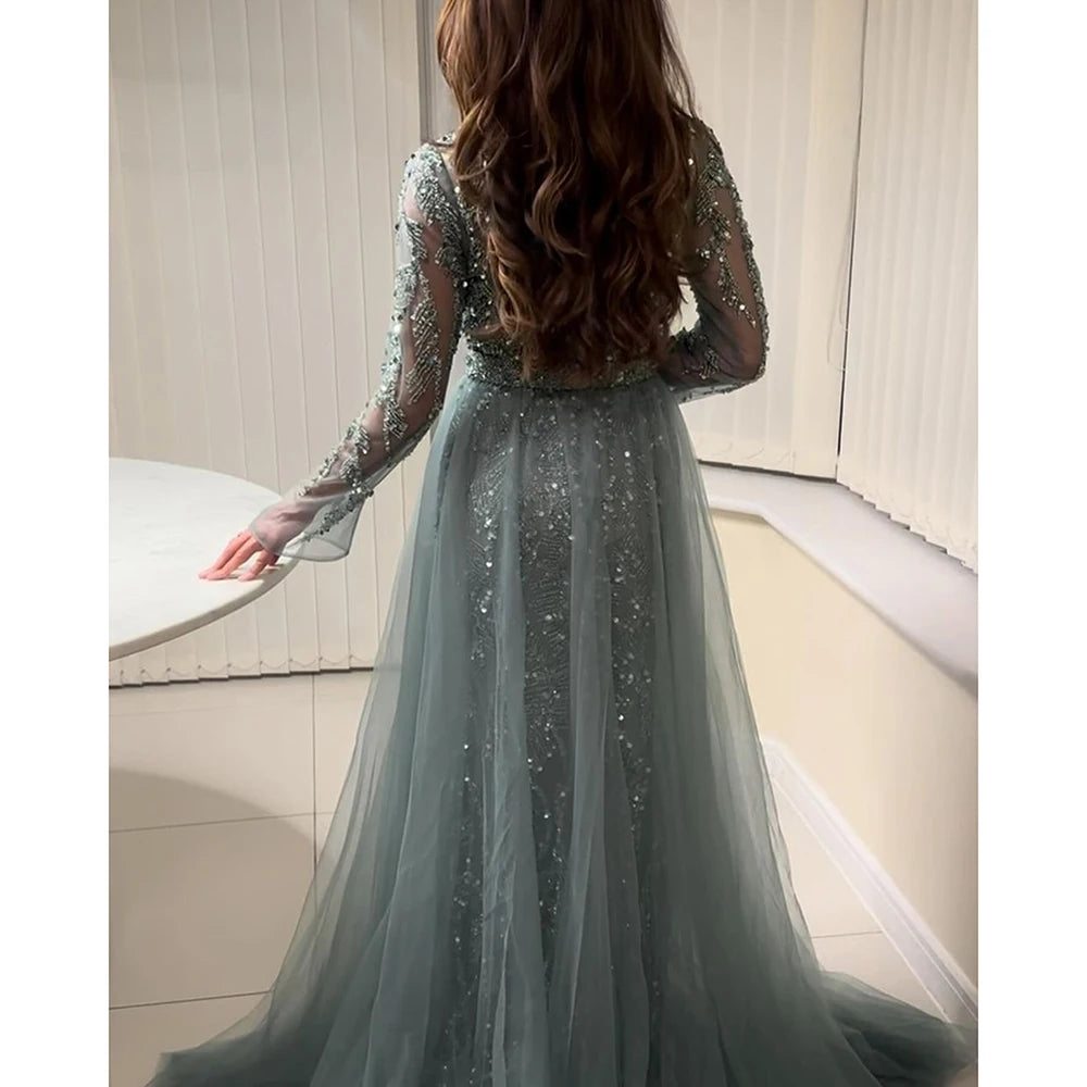Elegant Evening Dress for Women 2025 Muslim Long Sleeves Mermaid Detachable Train Beads Formal Prom Wedding Party Gown Customizd