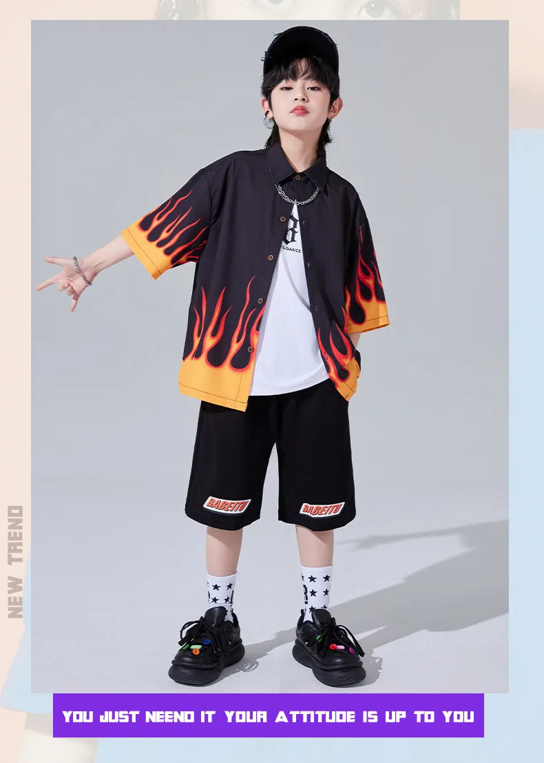 Jungen-Streetwear-Set 2025: Hip-Hop Flame-Design - Urban Dance Collection