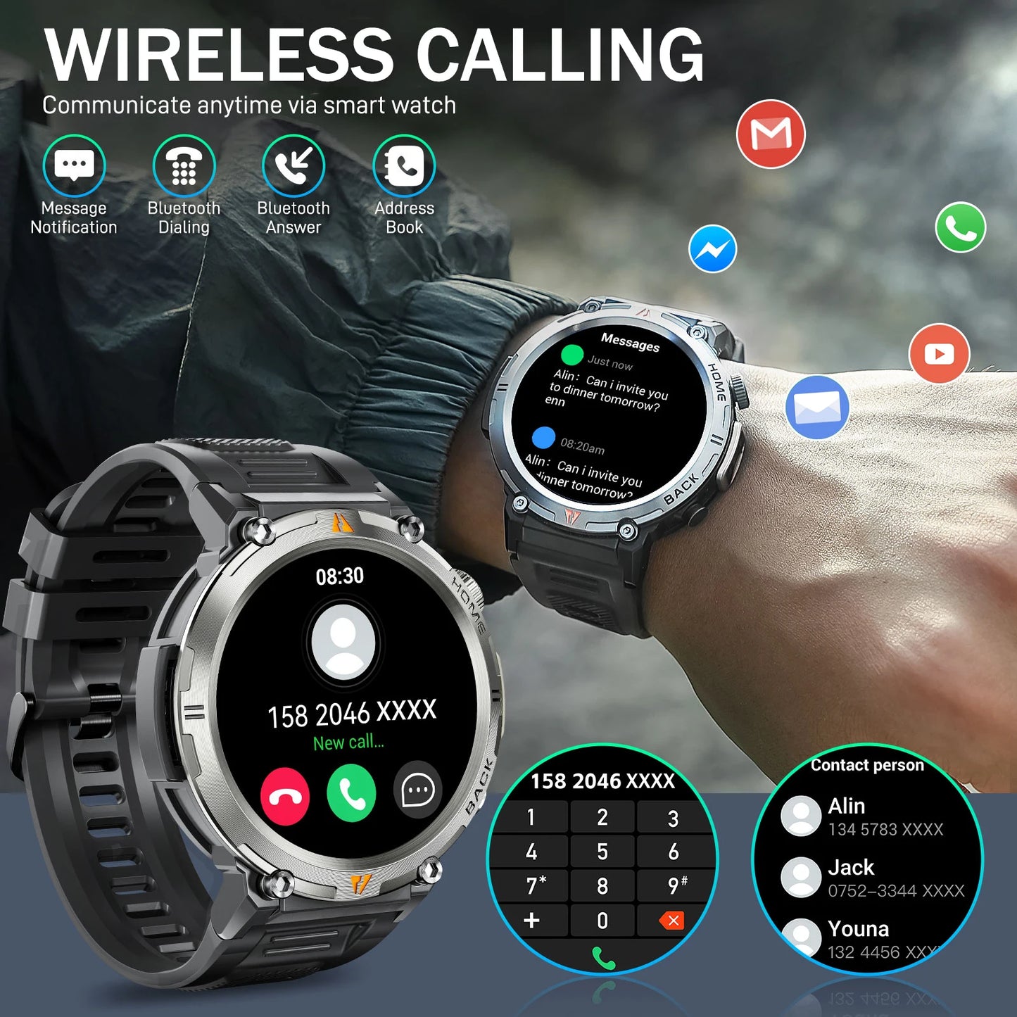 LaNikar 2025 KE3 Smartwatch - Bluetooth Anruf Herren Vollbild Touchscreen Gesundheitsmonitor Stahlring
