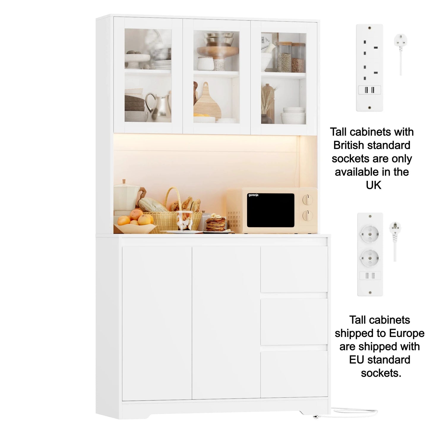 Getone Küchenbuffet mit LED,Küchenschrank Buffetschrank mit Steckdosenleiste mit 3 Schubladen Verstellbares Regal 100x38.5x180cm by Golden Bridge Store