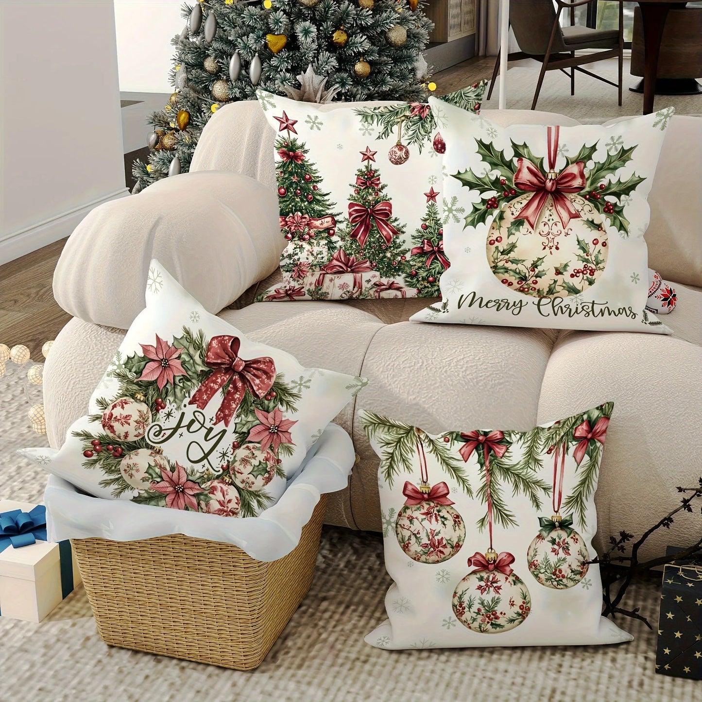 4-piece Christmas pillowcase set - a rustic holiday decoration suitable for sofas, bedrooms, and living rooms.