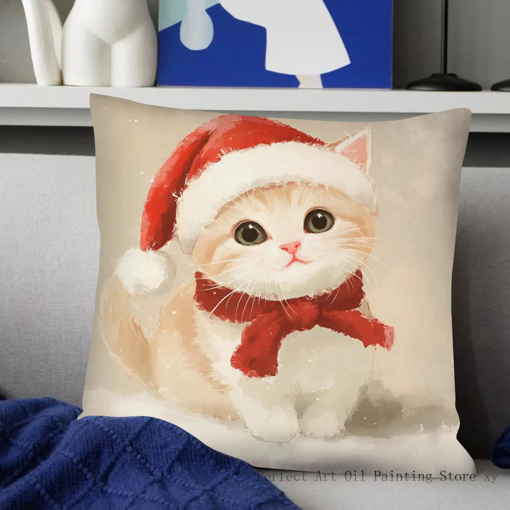 Christmas Cat Pillow Case Fashion Square Pillowcase Bedroom Sofa Room Ins Decoration Leisure Cushion Cover 40x40