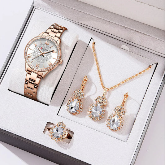 CURREN Luxus Uhr Damen Ring Halskette Ohrringe - Strass Mode Armbanduhr Weiblich Casual Damen Uhren Armband 5-teiliges Set
