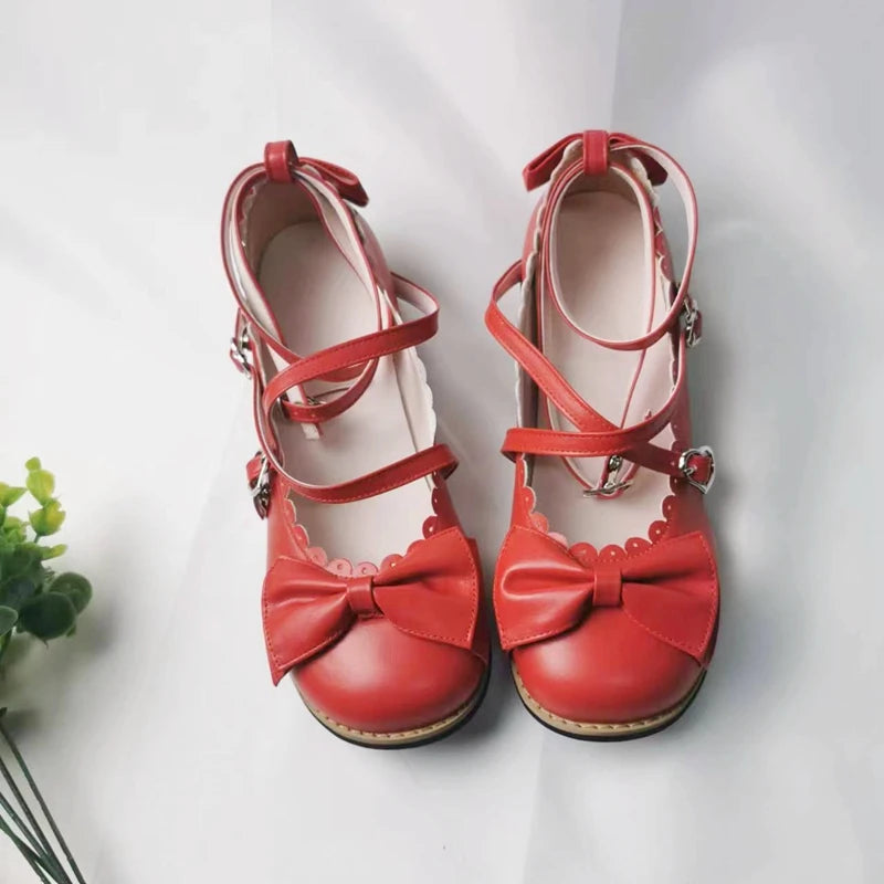 Lolita Schuhe Damen 2025 - Flats Low Round Cross Straps Schleife - Süße Mädchen Prinzessin Tea Party Schuhe Studenten 34-41