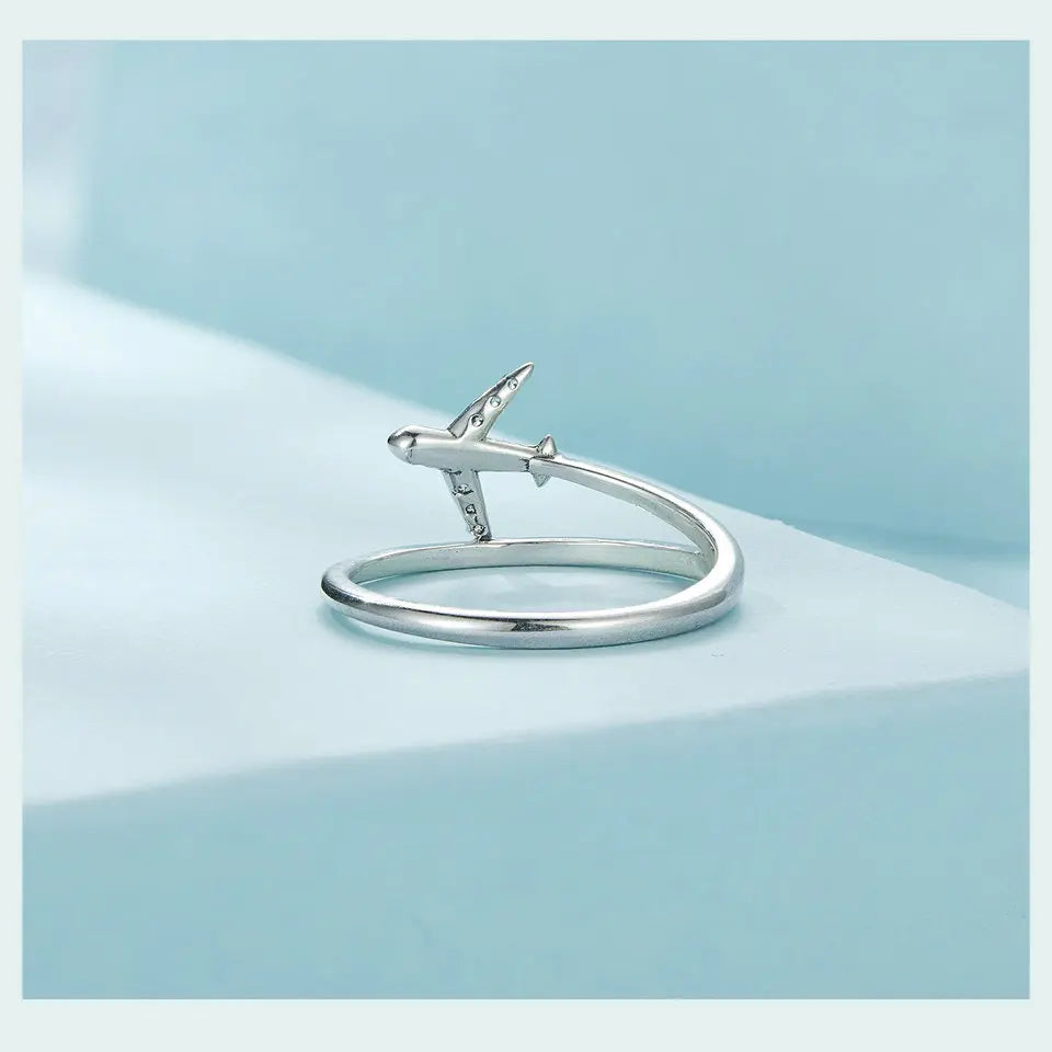 WOSTU 925 Sterling Silver Platinum Airplane Double layer Rings Women Shiny Zircon Aircraft Ring Party Jewelry Girl Holiday Gift