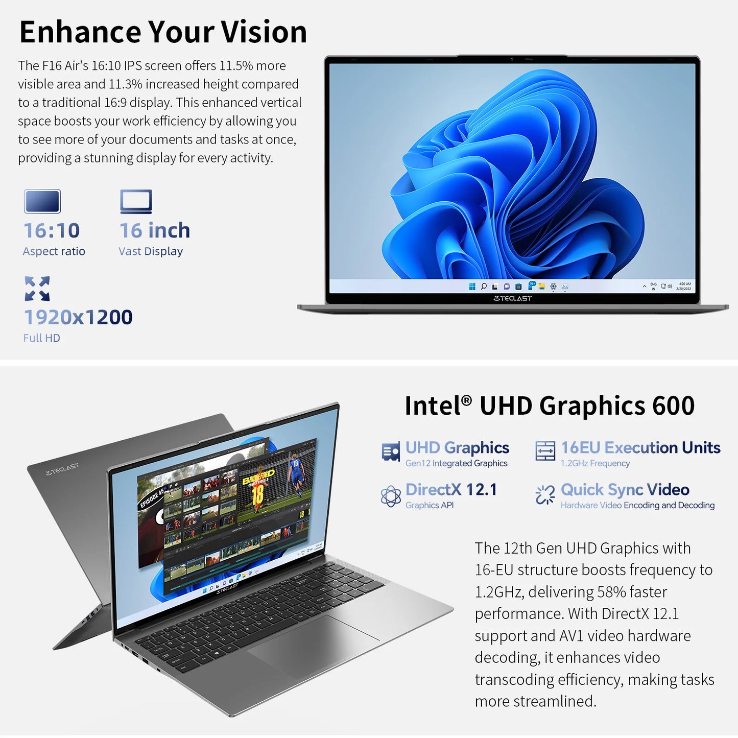 Teclast F16Air Laptop 16.1 Zoll - Intel N95, 16GB RAM, 512GB SSD, FHD IPS Display, Beleuchtete Tastatur