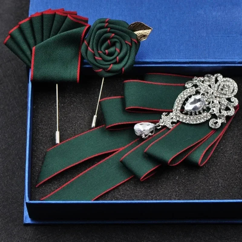 Fashion Handmade Bow Tie Wedding Collar Luxury Rhinestone Bowtie Necktie Brooch Pocket Towel Square Set Gift for Men Accessories
