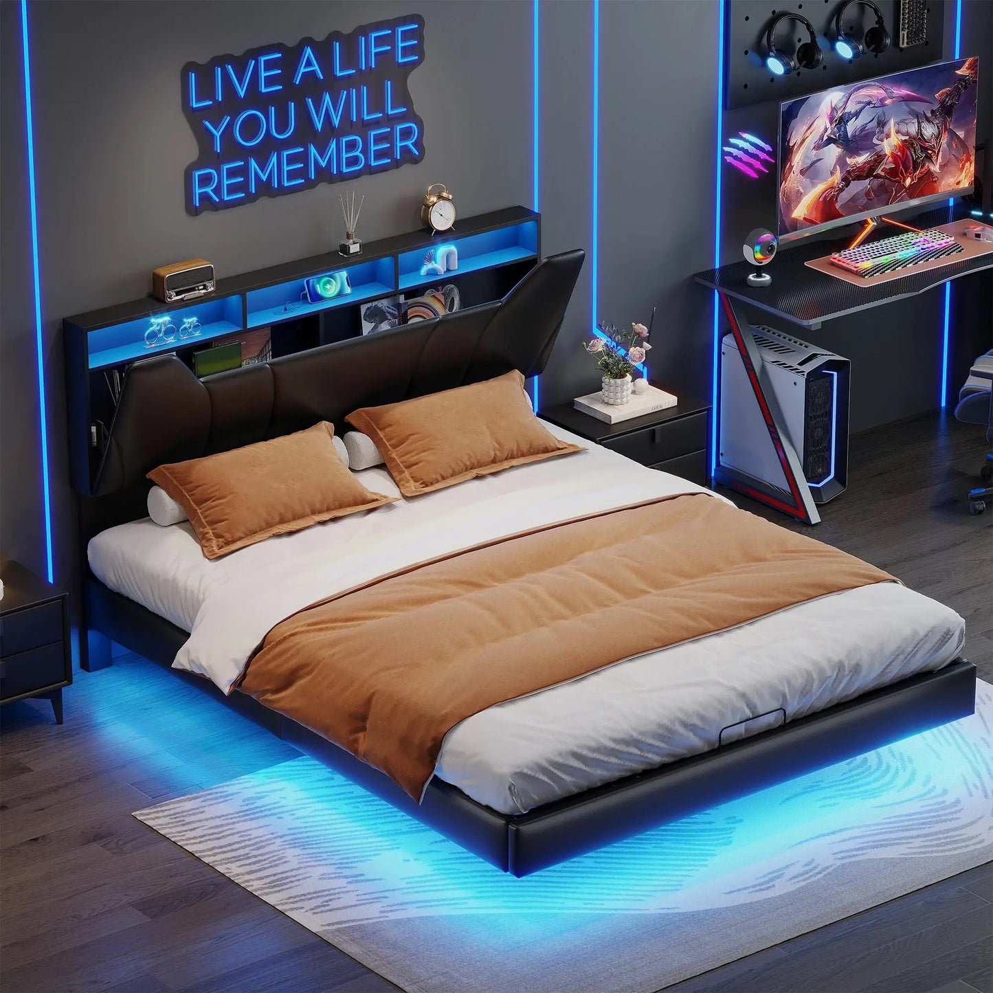 Schwebendes Bett Mit LED Beleuchtung Und Stauraum Lattenrost