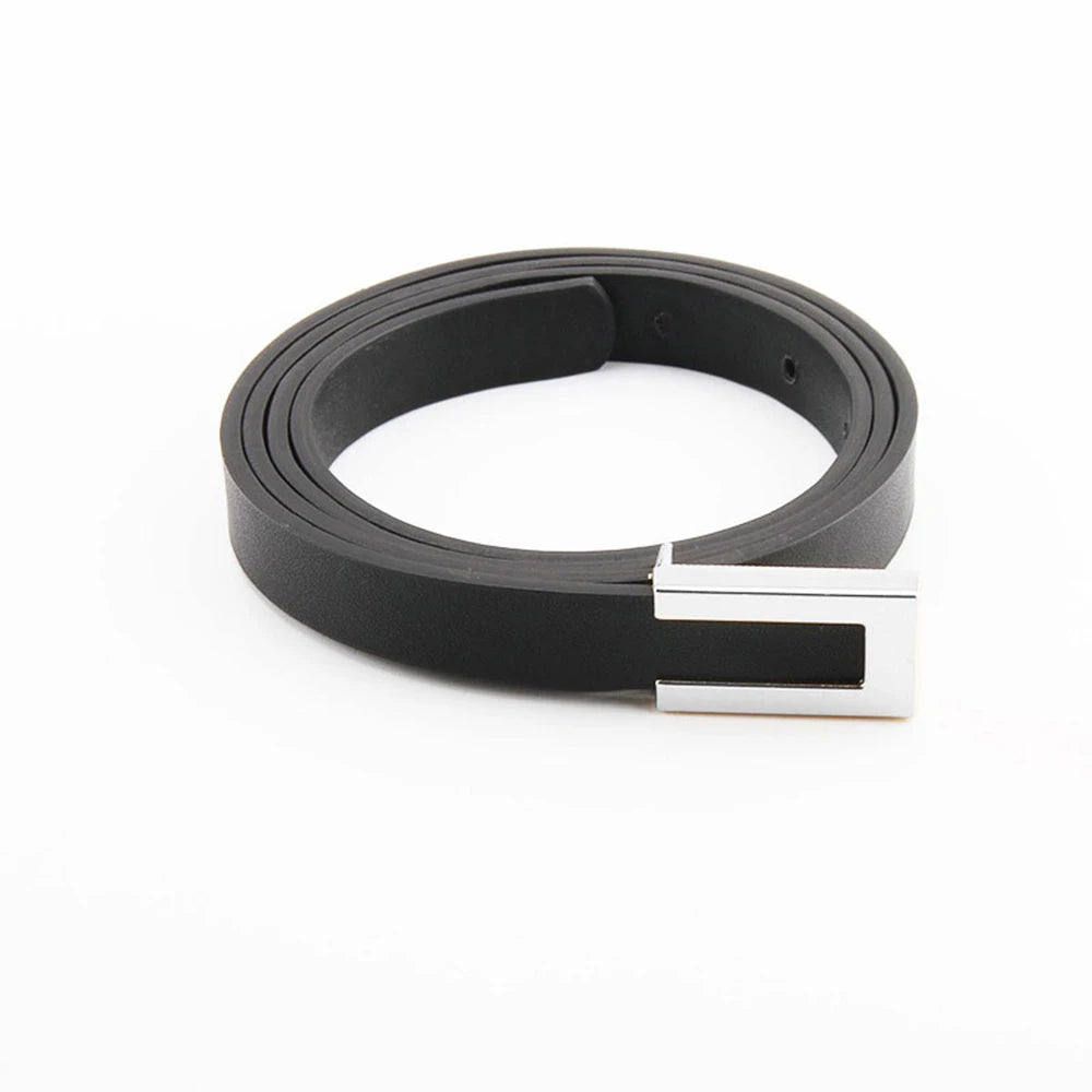 New Luxury Women Thin Belt Black Gold Silver Metal Buckle Belt PU Casual Leather Waist Belt Trouser Dress Decoration Waistband