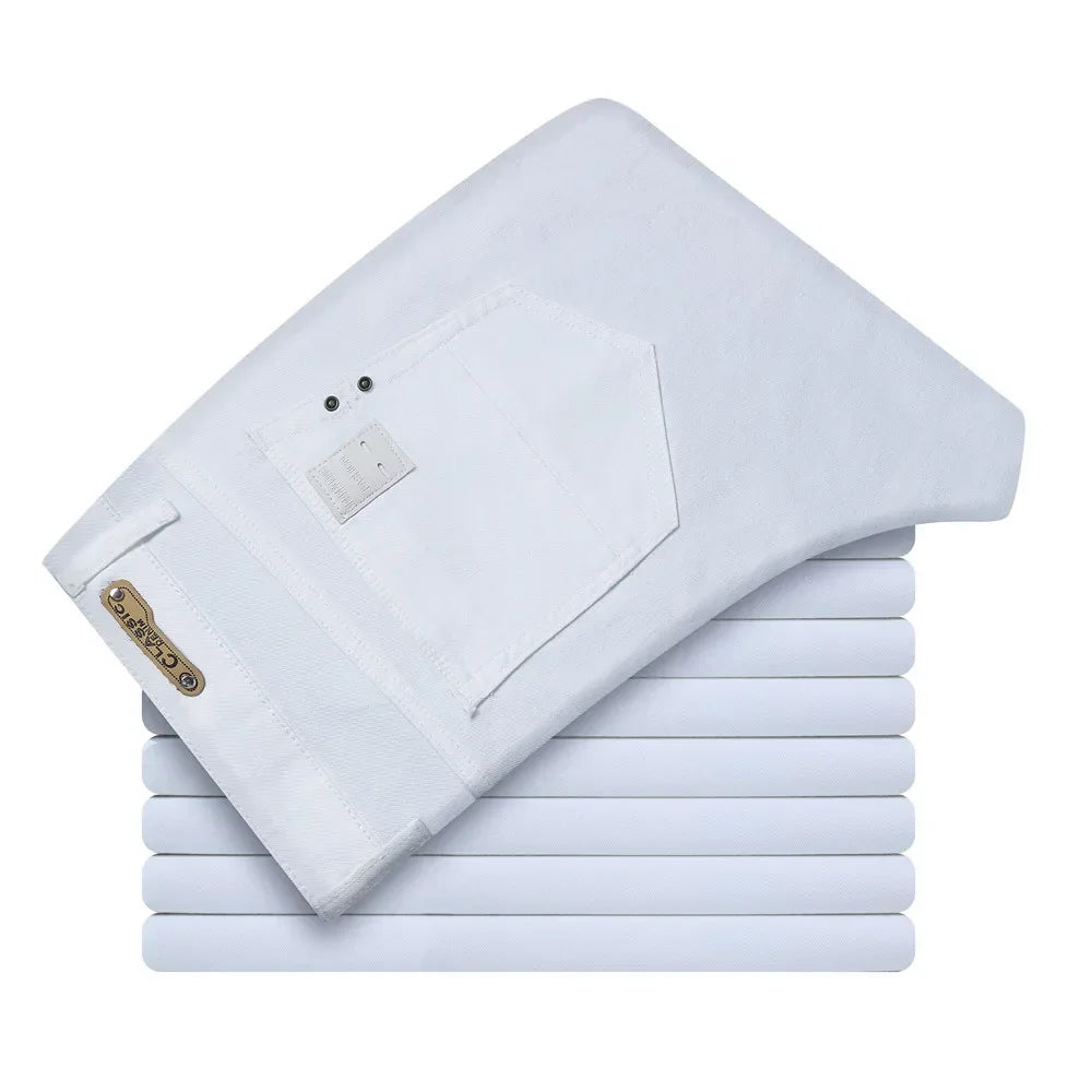 Four Seasons Men's White Jeans Fashion Casual Classic Style Slim Trousers Comfortable Soft Male Trendy Brand Stretch Pants