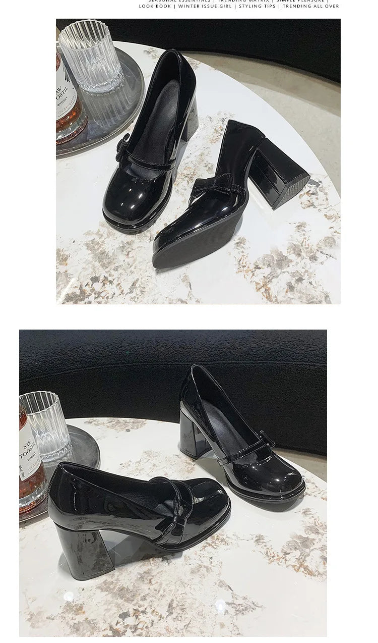 Elegant Heel Shoes Ladies 8cm High Heel Bowknot Solid Mary Jane Zapatos Adult Dress Pink White Black Cosplay Footwear
