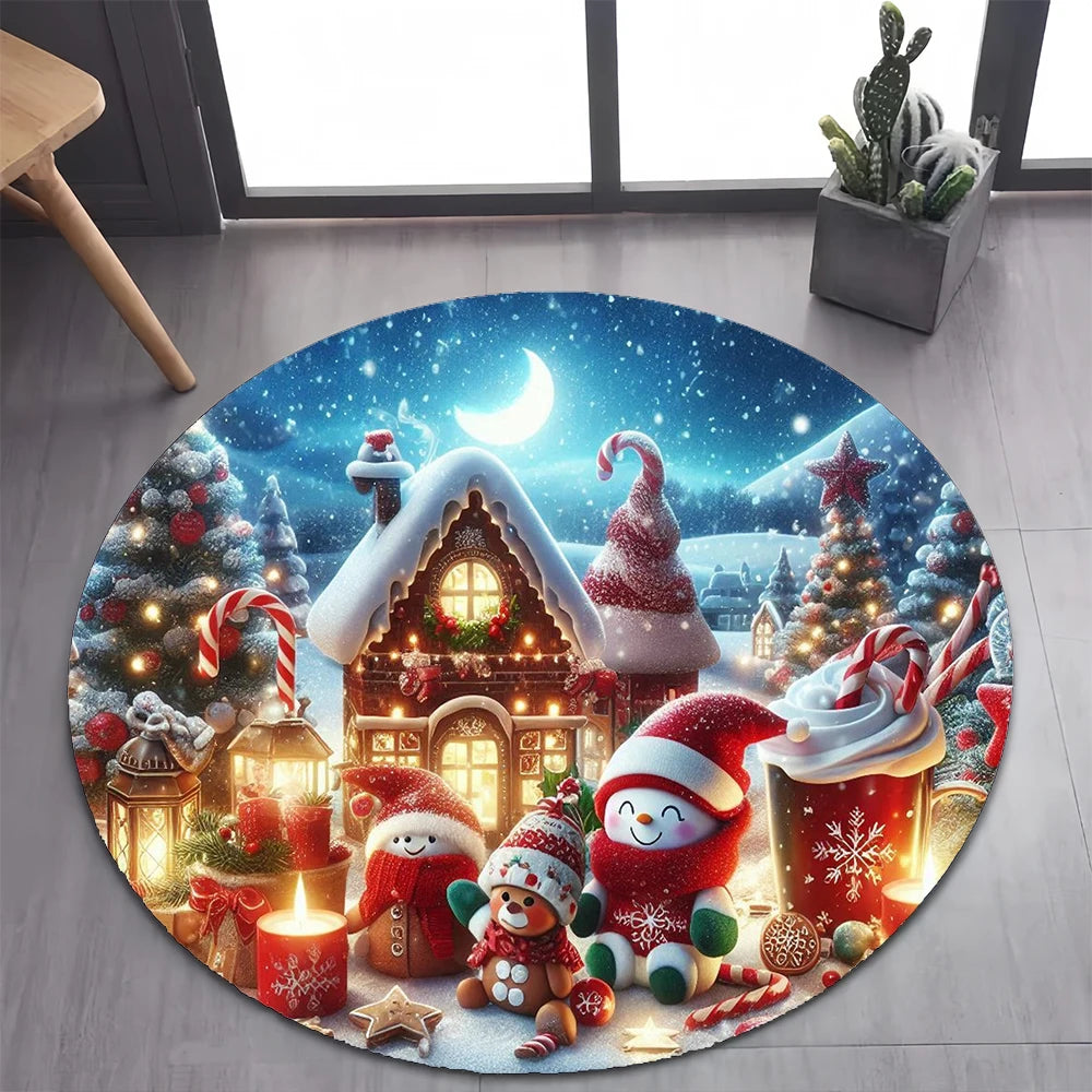 Cute Santa Claus Merry Christmas Tree Cartoon Festival Gift Round Carpet Rug for Bedroom Living Room Decoration,Decor Floor Mat
