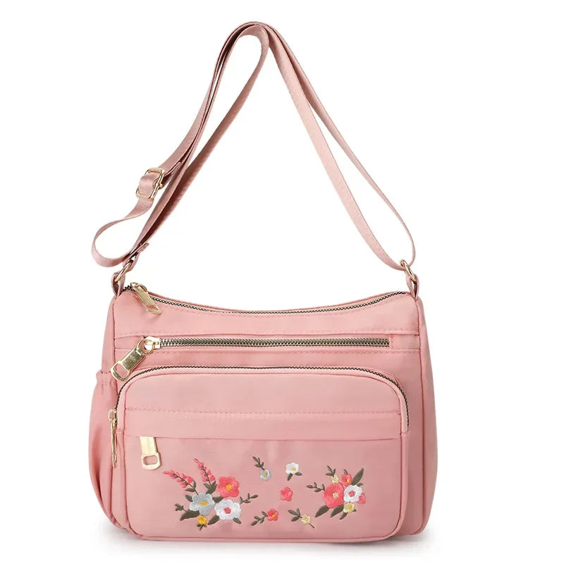 Casual Crossbody Backpack Ladies Oxford Cloth Shoulder Bag Fashion Embroidery Flower Zipper Travel Handbag