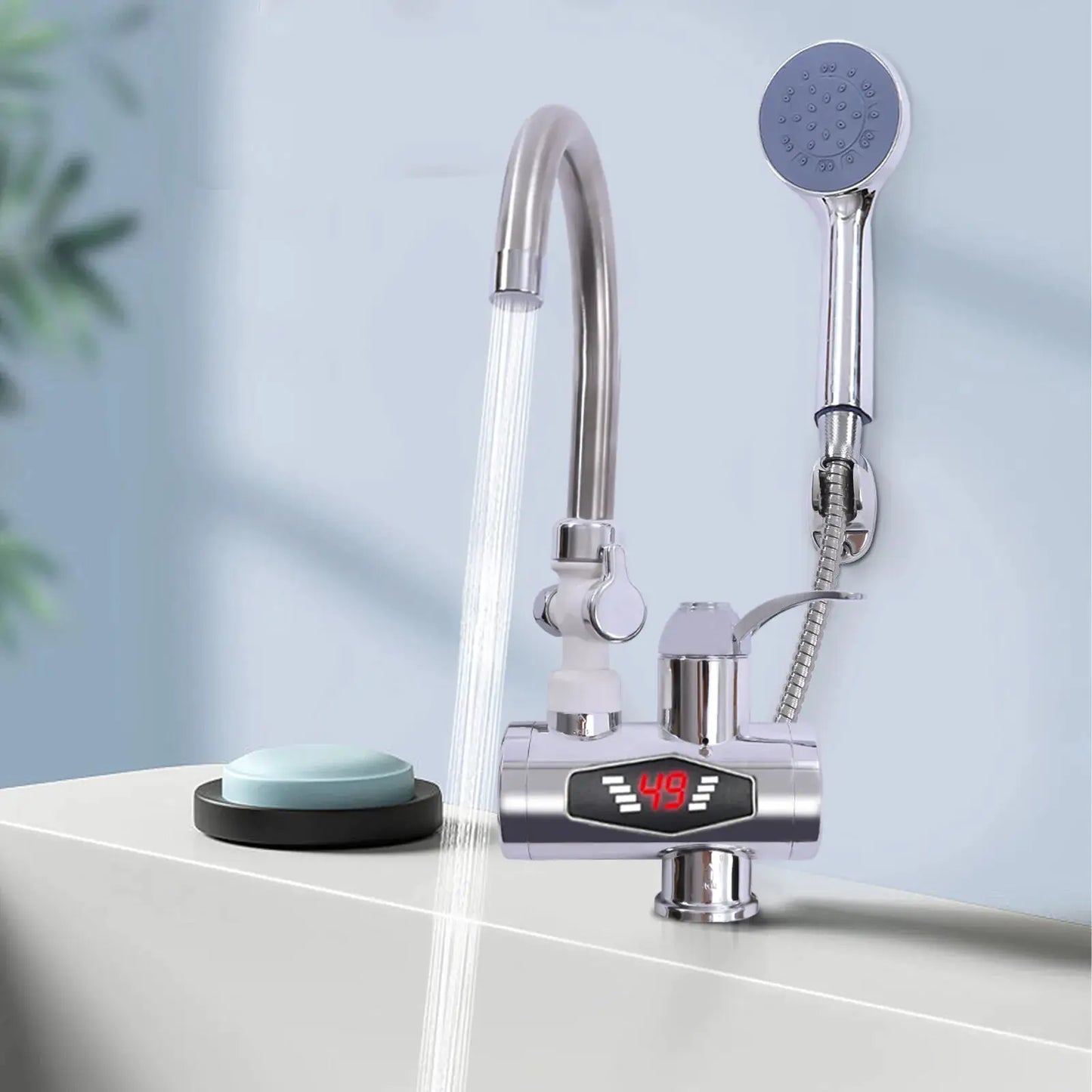 360 °   Drehbarer elektrischer Wasserhahn mit LCD-Display, 3000 W, schnelles Aufheizen, IPX4, wasserdicht, EU-Stecker für Waschbecken und Dusche, Silber