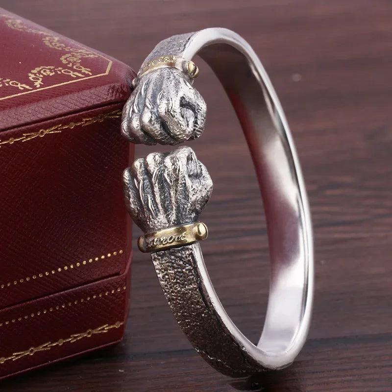 Masculine Fist Shaped Bracelet for Mens Vintage Solid 925 Silver Bangles Classic Jewelry
