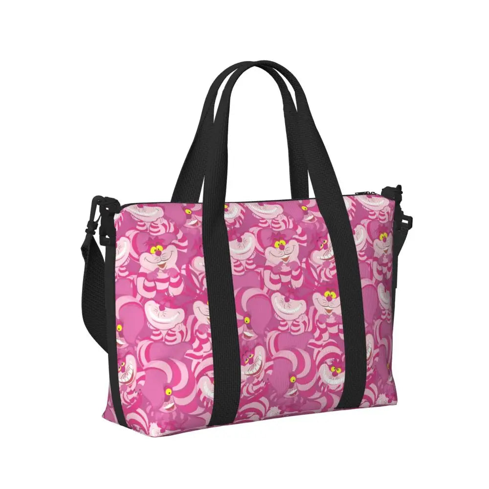 Custom Cheshire Cat Beach Tote Bag for Women We're All Mad Here Cat Big Compartment Gym Beach Travel Bags