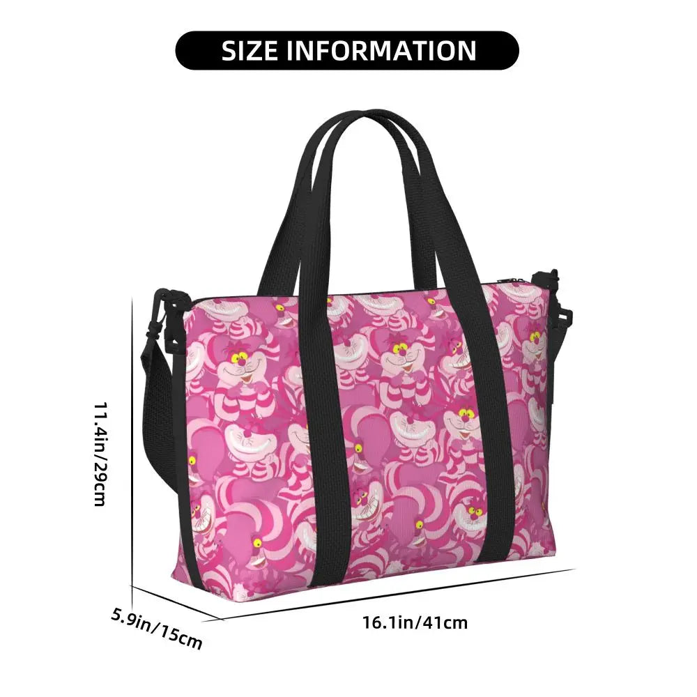 Custom Cheshire Cat Beach Tote Bag for Women We're All Mad Here Cat Big Compartment Gym Beach Travel Bags