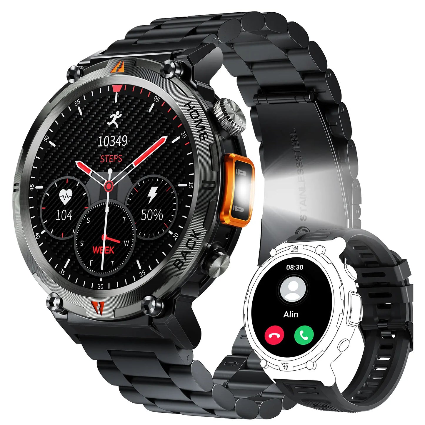 LaNikar 2025 KE3 Smartwatch - Bluetooth Anruf Herren Vollbild Touchscreen Gesundheitsmonitor Stahlring