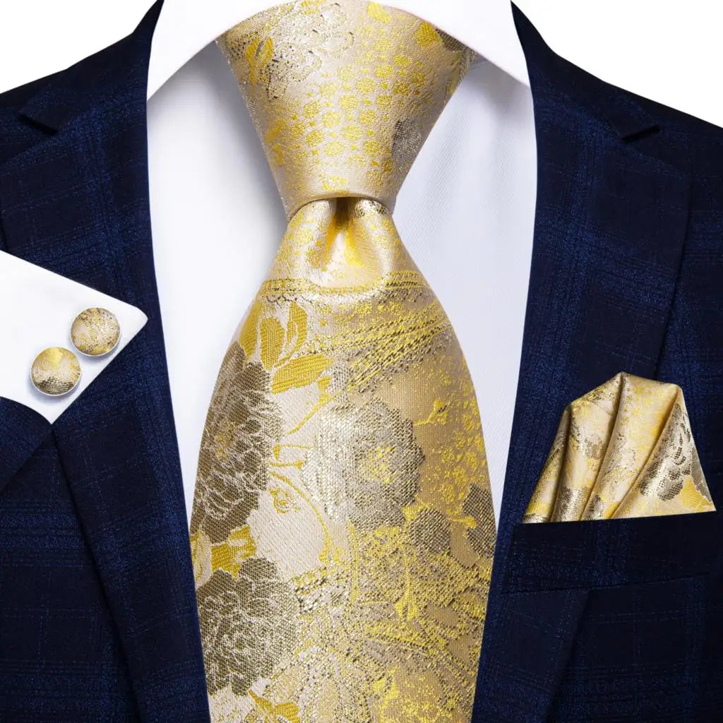 Hi-Tie Seiden-Herren-Krawatten-Set Blumenmuster Gelb Gold Krawatten und Taschentücher Manschettenknöpfe-Set Herren-Hochzeits-Party-Anzug-Mode-Halskrawatte C-3053