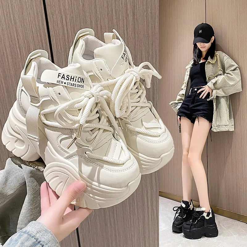 Women Walking Sneakers Autumn Lace-up High Platform Chunky Shoes Breathable Leather Shoes 10.5CM Winter Wedge Heels Casual Shoes
