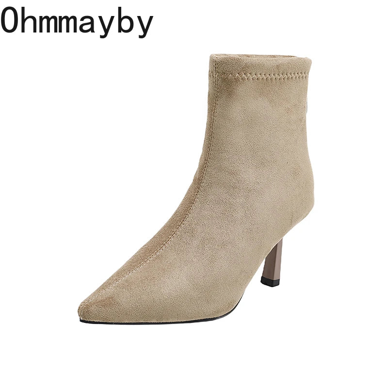 Ghete vintage Ohmmayby, toc subțire - înălțimea tocului 5-8 cm, până la gleznă, căptușeală din fleece