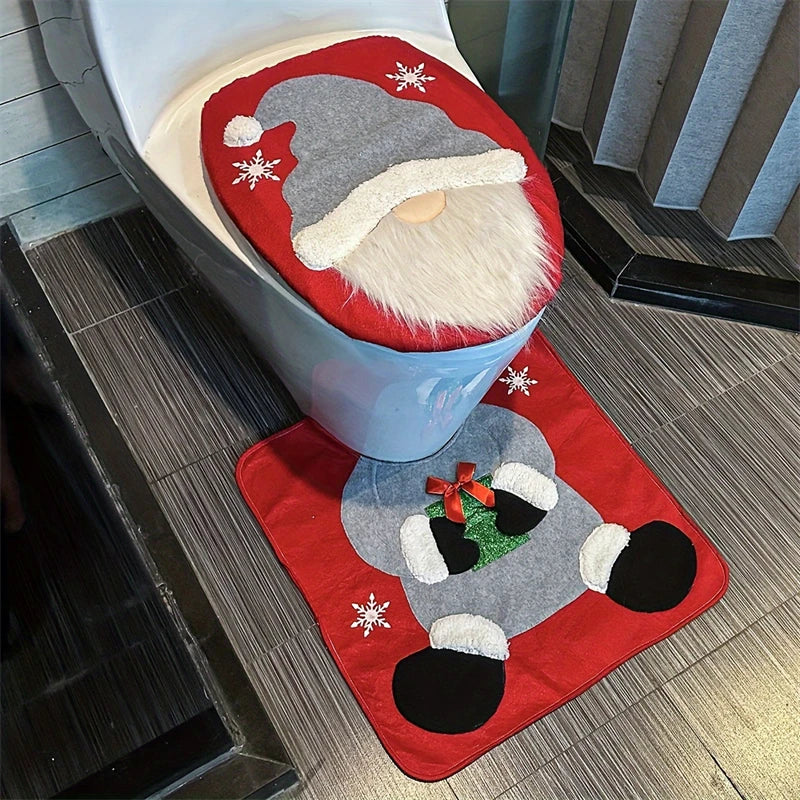 Funny Santa Toilet Seat Cover Set 2PC, Christmas Bathroom Decor With Soft Mat For Xmas Party Home Decoration Gift