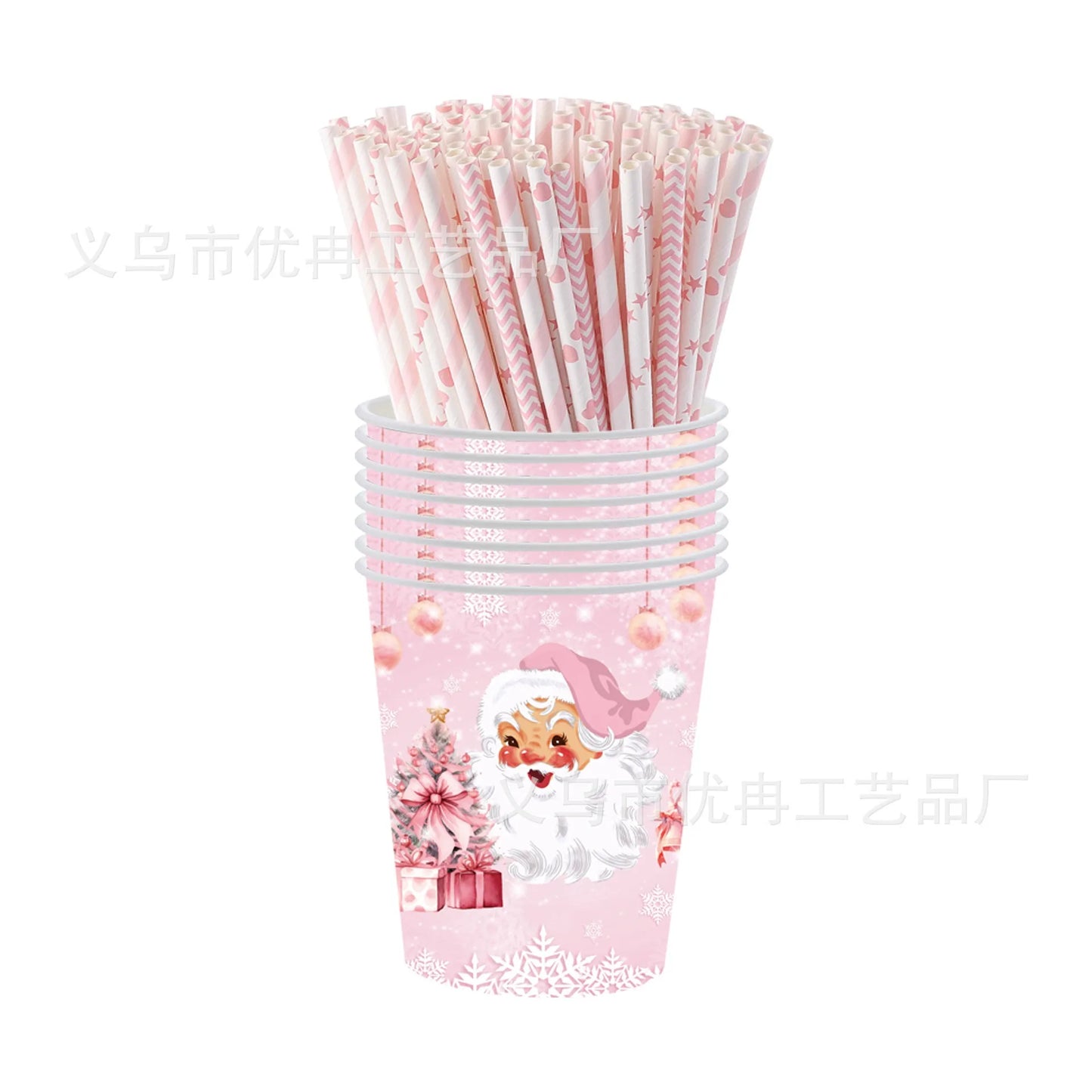 8Guests Pink Christmas Santa Claus Disposable Tableware Snowflake Santa Merry Christmas Decor 2025 Feliz Navidad Happy New Year