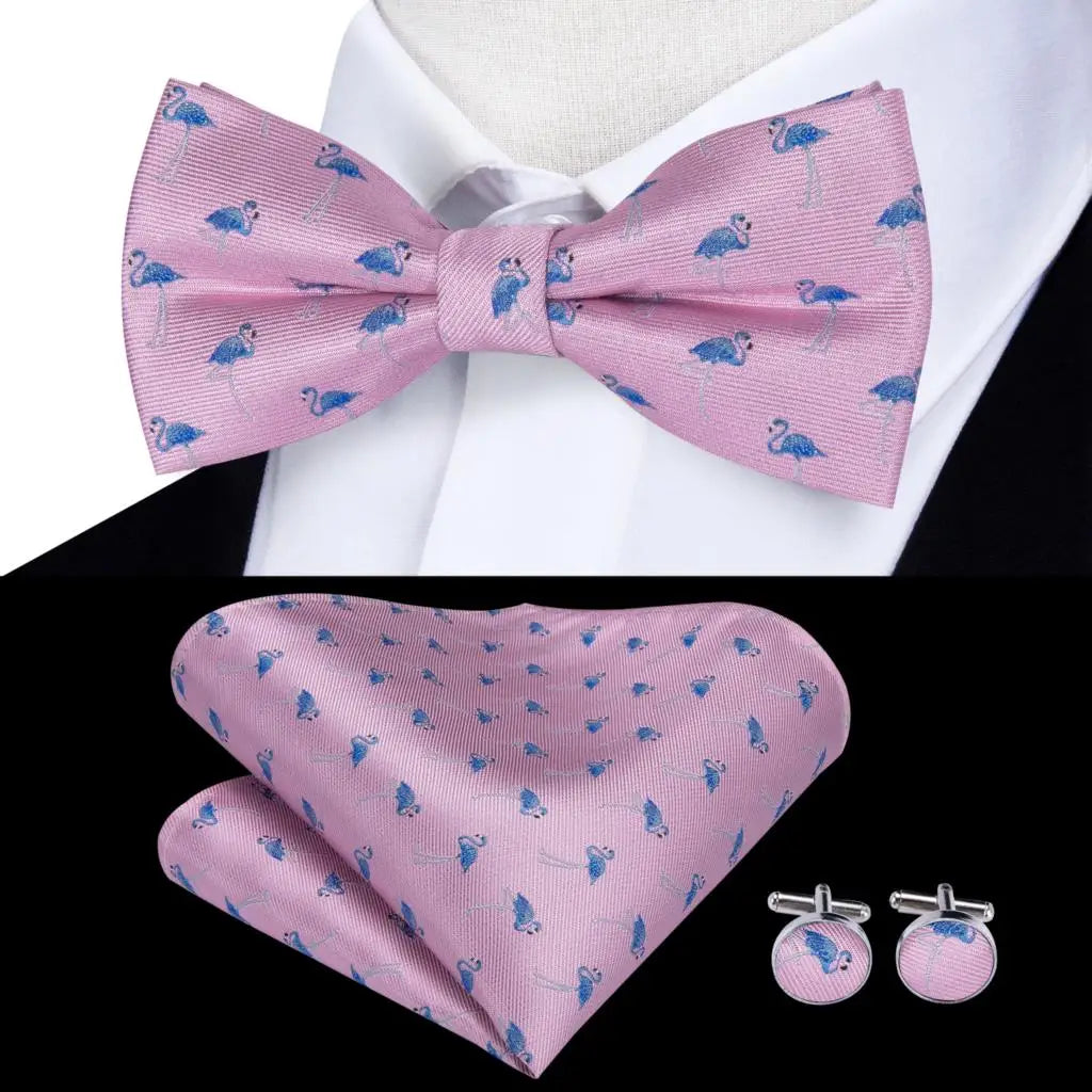 Hi-Tie Silk Mens Bow Tie Pocket Square Cufflinks Set Peach Pink Salmon Pre-tied Butterfly Knot Bowtie for Male Wedding Business