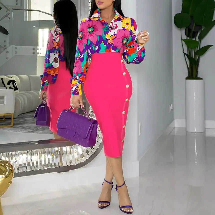 Elegant 2 Piece Set Women OL Outfits Fashion Business Long Sleeve Print Blouse Shirt High Waist Bodycon Skirt Sexy Office Work