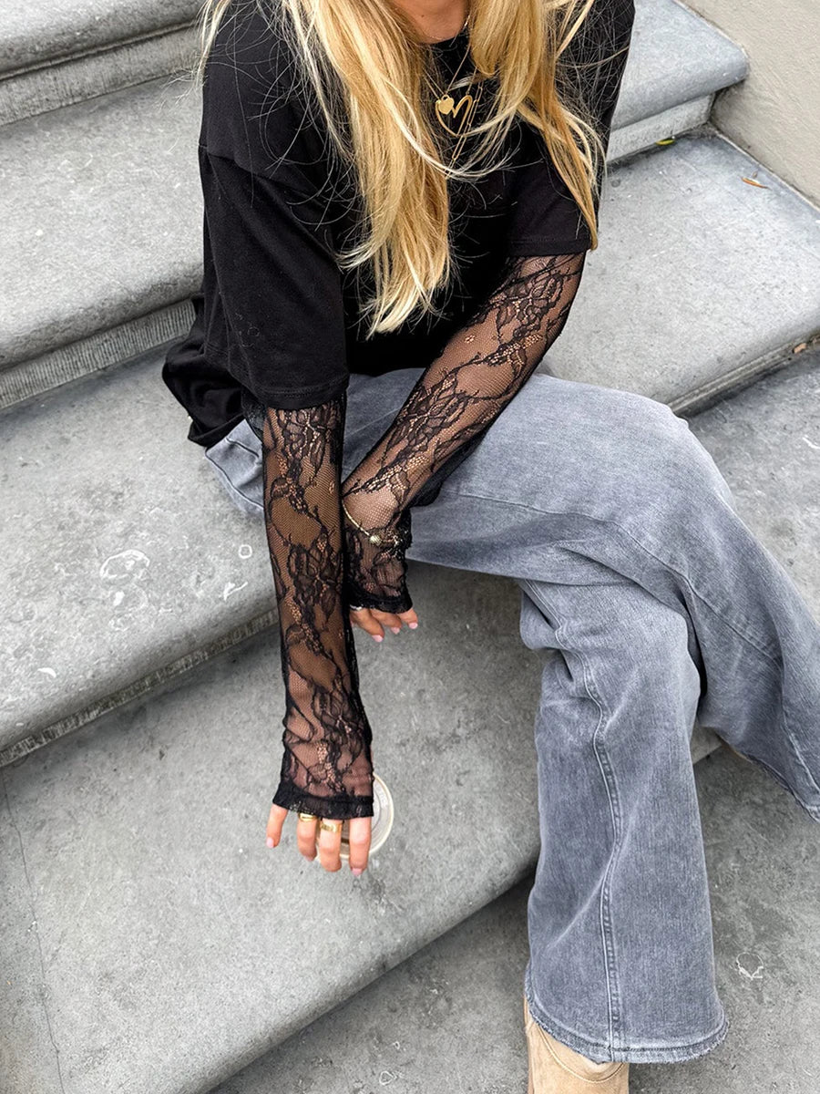 T-Shirt 2025: hirigin Women Round Neck T-Shirt Lace Long Sleeve Casual Shirts - Spring Fall Loose Fit Tops Ladies Solid Color Tee for Streetwear Y2K 00s Collection