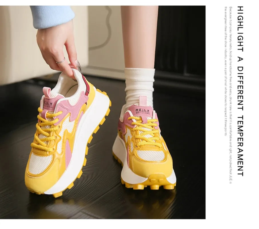 Women‘s Trendy Color-blocked Brand Design Thick-soled Sneakers 2024 Spring and autumn New  Lace-up Mesh Breathable Tennis Shoes