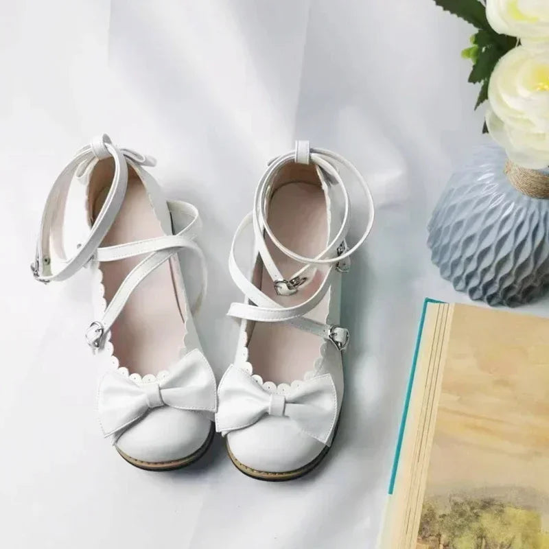 Lolita Schuhe Damen 2025 - Flats Low Round Cross Straps Schleife - Süße Mädchen Prinzessin Tea Party Schuhe Studenten 34-41