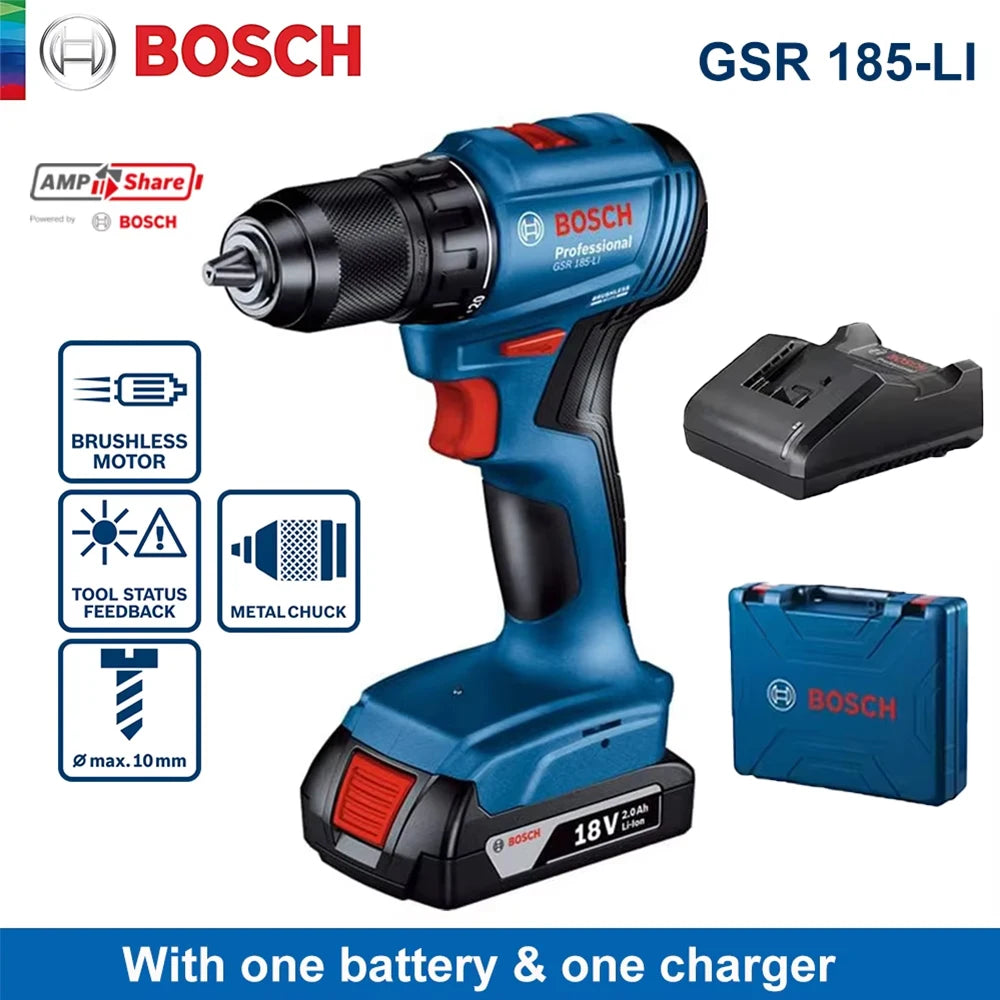 Bosch GSR 185-Li Cordless Drill Electric Screwdriver 18V Brushless Motor Rechargeable Drill Driver Power Tools for Metal Wood