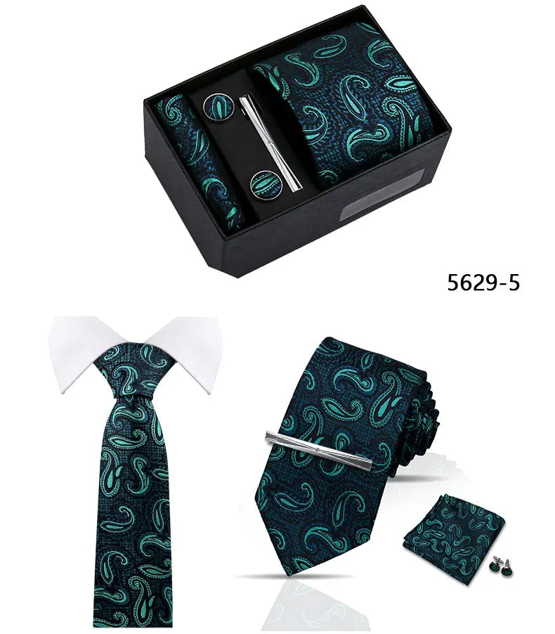 Elegant Men's Suit Necktie Gift Box Set Floral Tie Handchief Cufflinks Tie Clip 4-Piece Business Wedding Party Suit Accessories