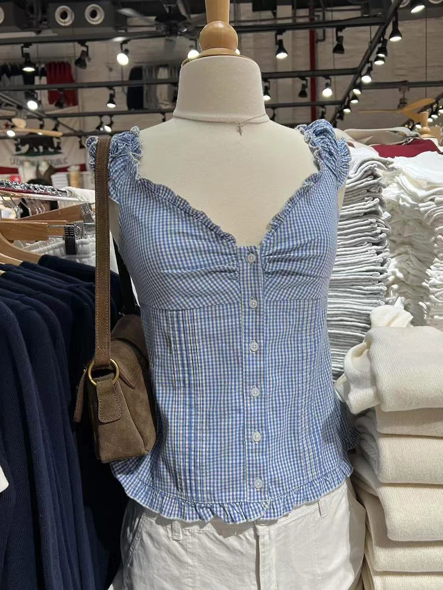 Blue Plaid Ruffles T-shirt Women Summer Folds V-neck Single Breasted Short Sleeve Tee Shirts Sweet Girls Cotton Slim Crop Top
