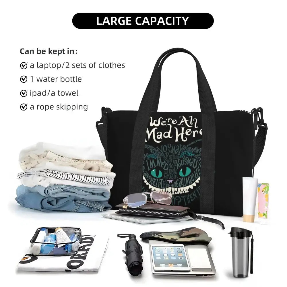 Custom Cheshire Cat Beach Tote Bag for Women We're All Mad Here Cat Big Compartment Gym Beach Travel Bags